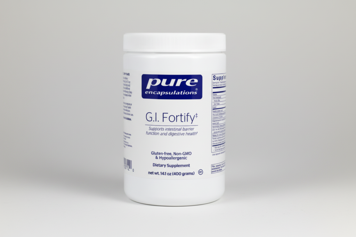 Supplement container labeled 'G.I. Fortify' by pure encapsulations on a white background
