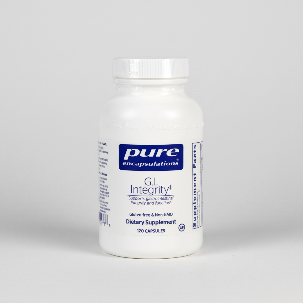 White supplement bottle labeled 'pure encapsulations G.I. Integrity' on a white background