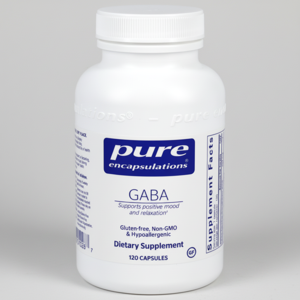 White supplement bottle labeled 'pure encapsulations GABA' on a white background