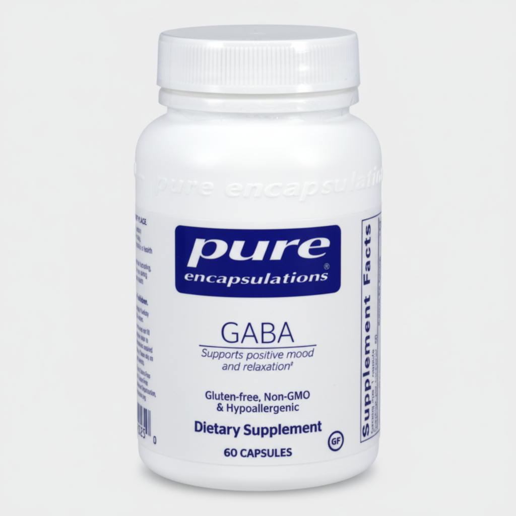 White supplement bottle labeled 'pure encapsulations GABA' on a white background