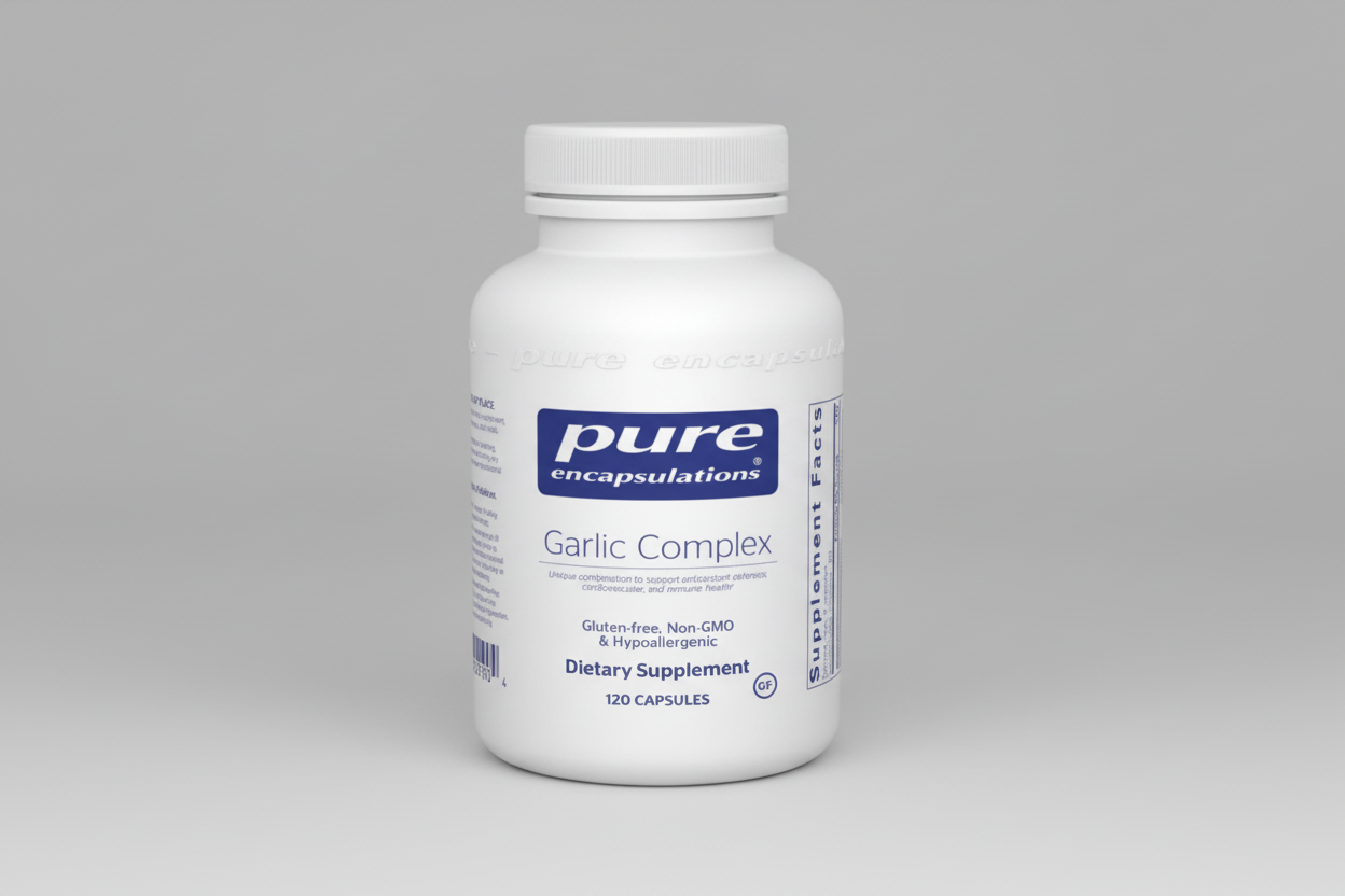 Supplement bottle labeled 'pure encapsulations Garlic Complex' on a white background
