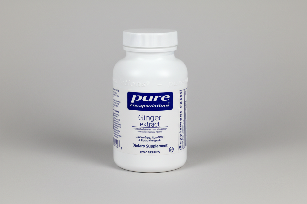 White bottle of Pure Encapsulations Ginger extract supplement on a white background