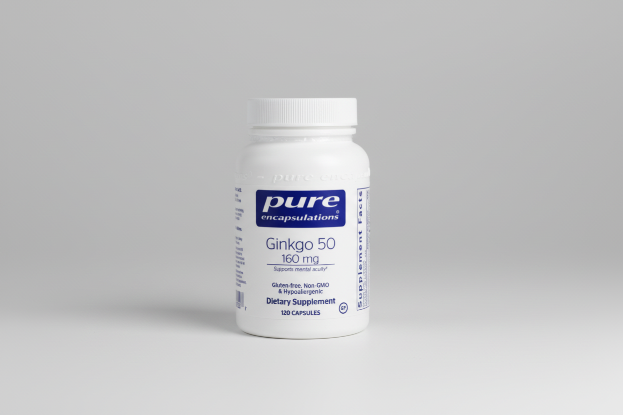 Supplement bottle labeled 'pure encapsulations Ginkgo 50 160 mg' on a white background