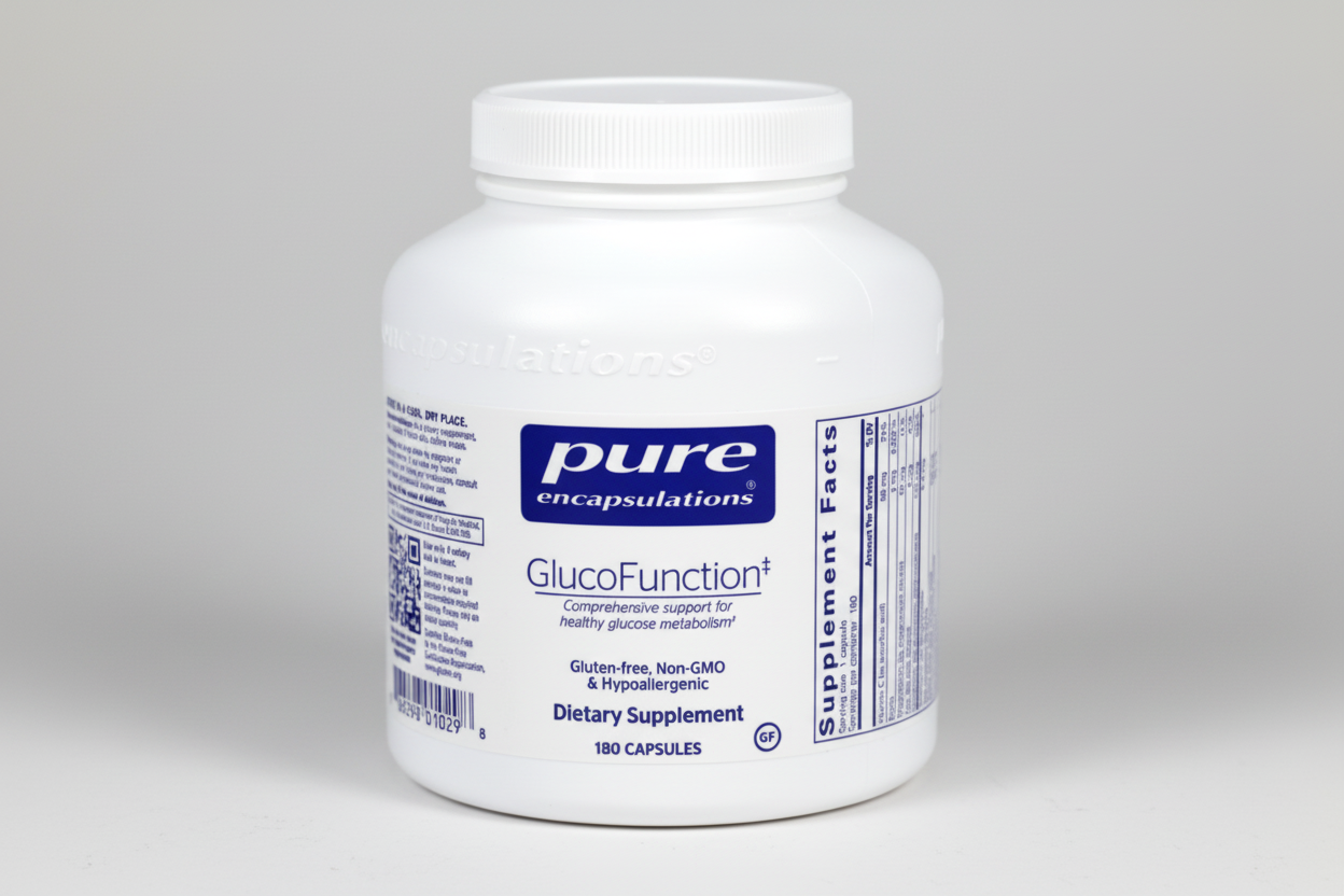 White supplement container labeled 'pure encapsulations GlucoFunction' on a white background