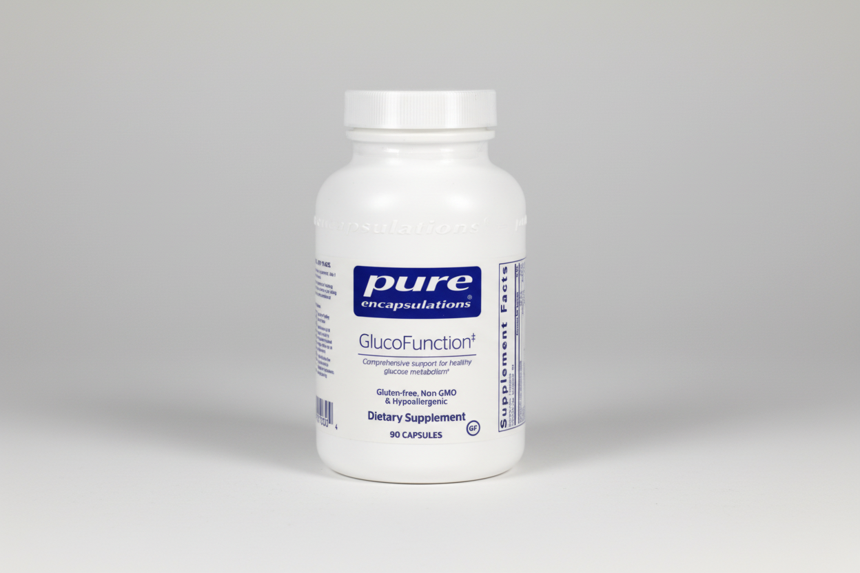 White supplement bottle labeled 'pure encapsulations GlucoFunction' on a white background