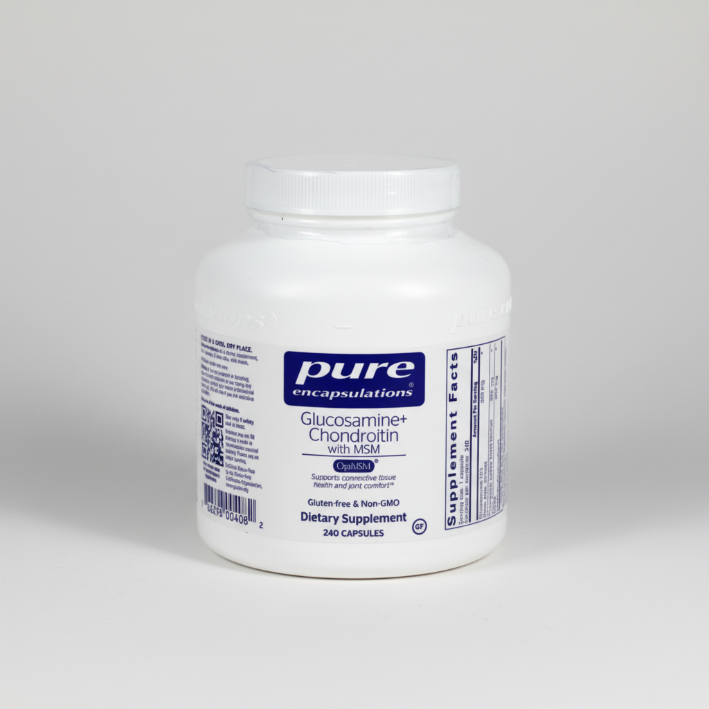 White supplement jar labeled 'pure encapsulations' containing glucosamine and chondroitin with MSM on a white background.