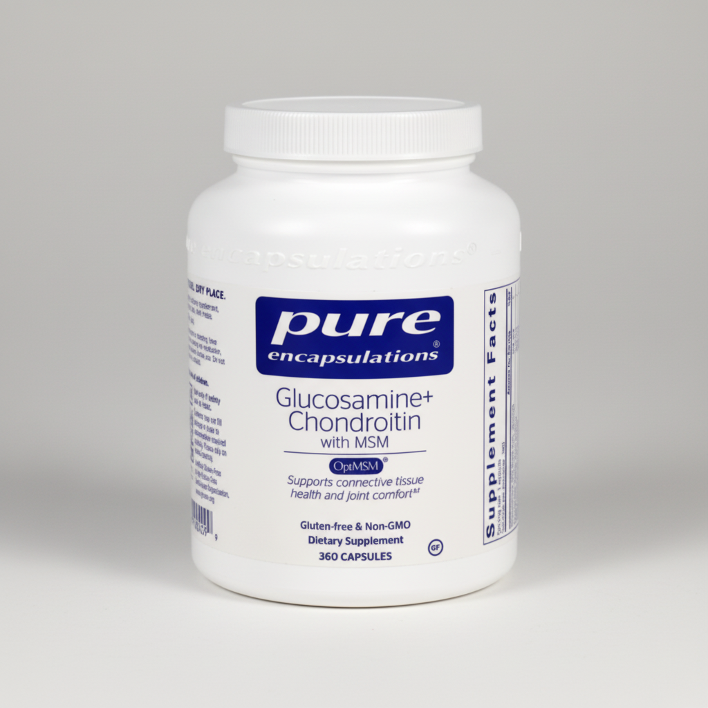 White supplement container labeled 'pure encapsulations Glucosamine+Chondroitin with MSM' on a white background