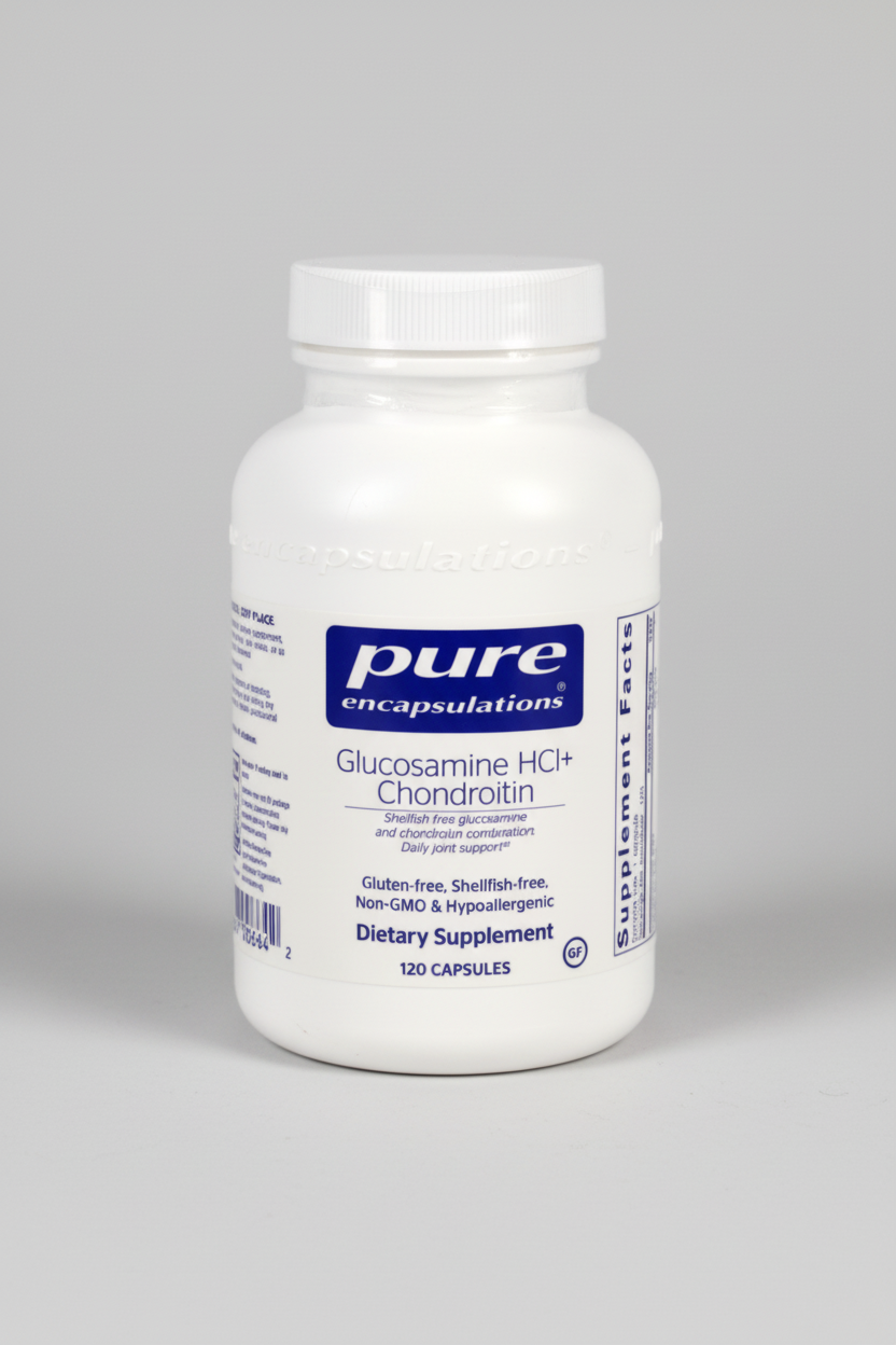White supplement bottle labeled 'pure encapsulations' on a white background