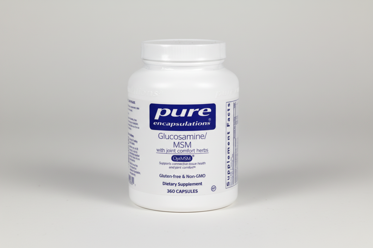 White supplement container labeled 'pure encapsulations' with Glucosamine/MSM on a white background