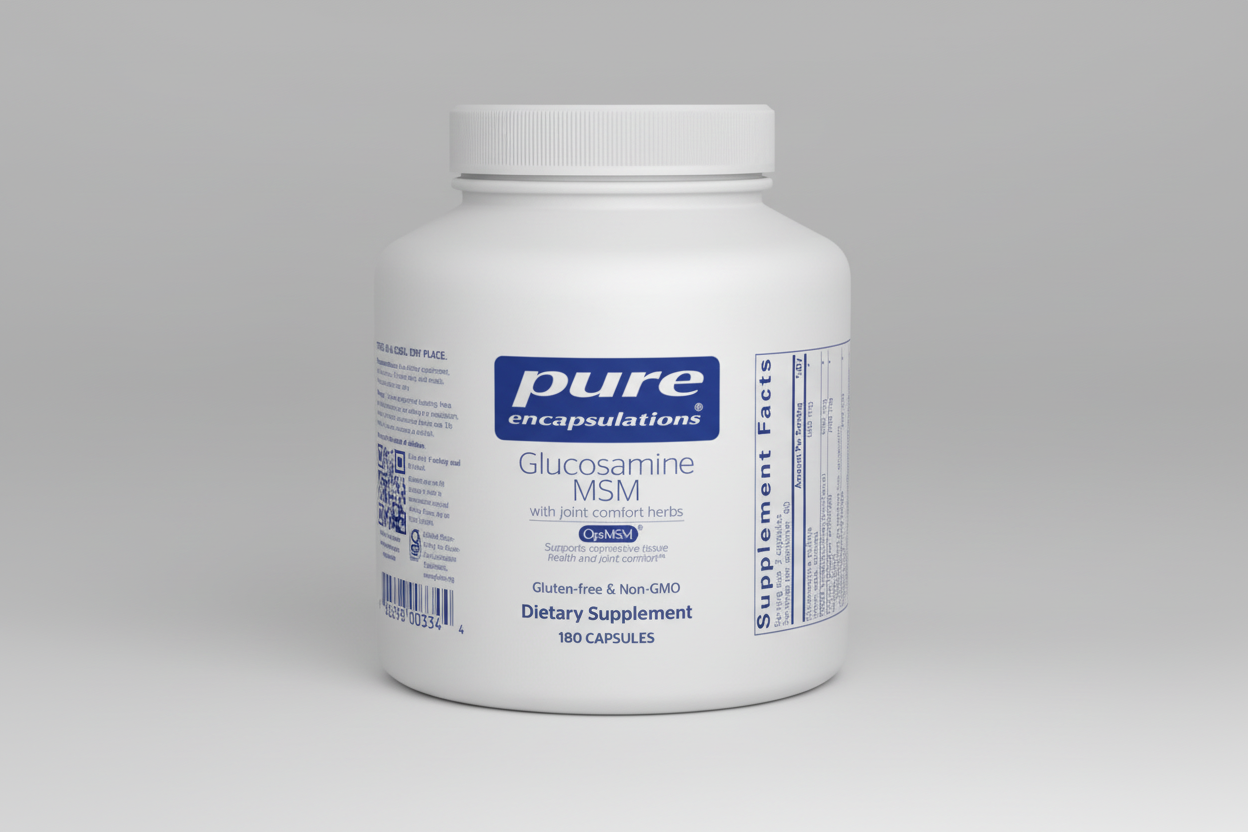 White supplement container labeled 'pure encapsulations Glucosamine MSM' on a white background