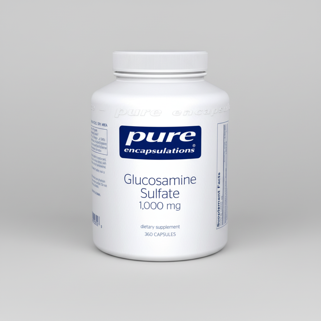 White supplement bottle labeled 'pure encapsulations Glucosamine Sulfate 1,000 mg' on a white background