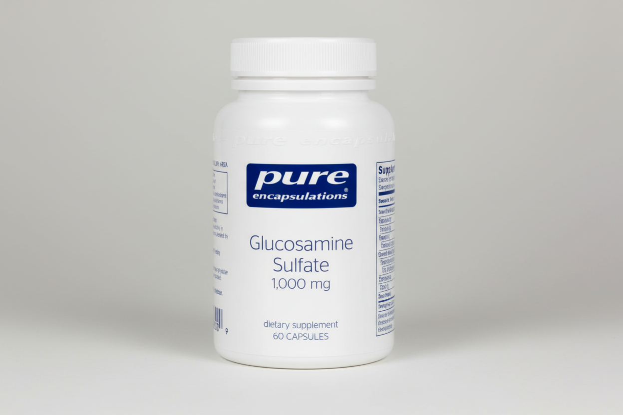 White supplement bottle labeled 'pure encapsulations Glucosamine Sulfate 1,000 mg' on a white background