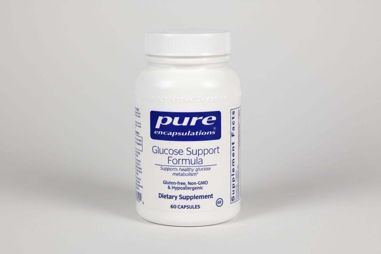 Supplement bottle labeled 'Glucose Support Formula' by Pure Encapsulations on a white background