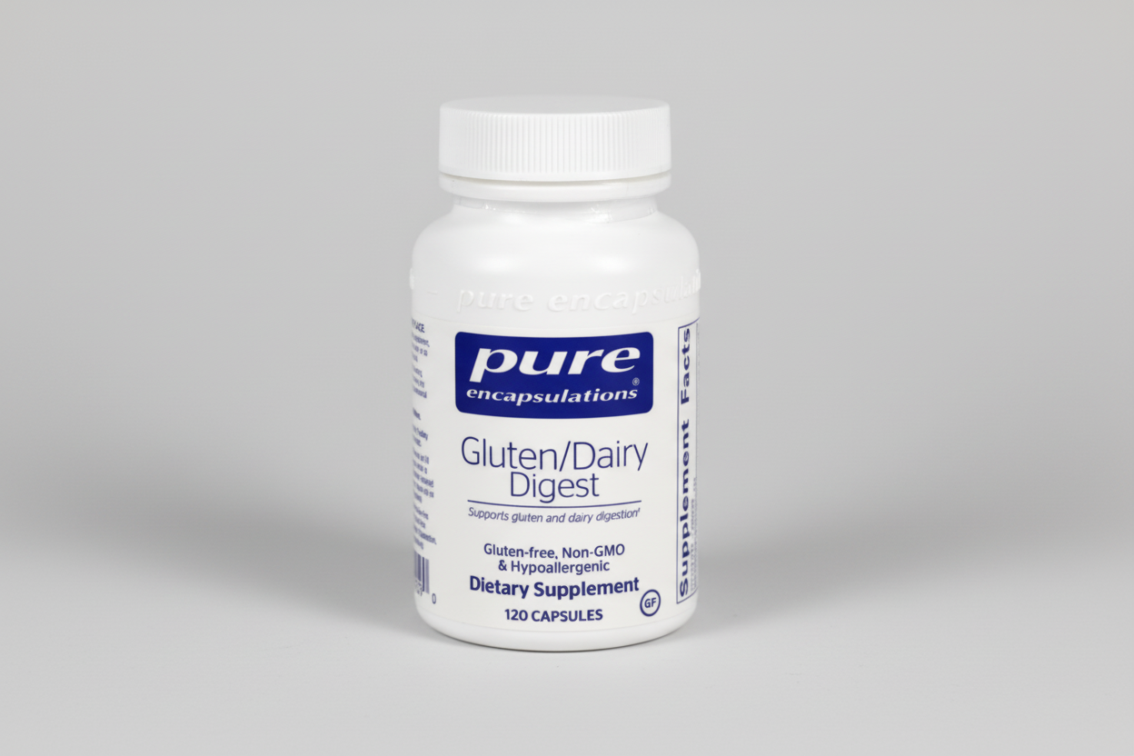 Supplement bottle labeled 'pure encapsulations Gluten/Dairy Digest' on a white background
