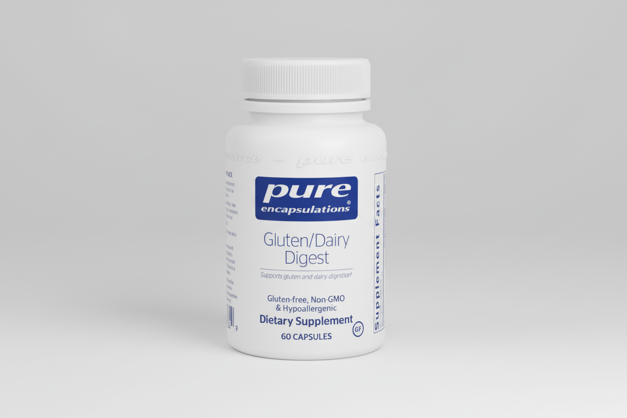 Supplement bottle labeled 'Gluten/Dairy Digest' by pure encapsulations on a white background