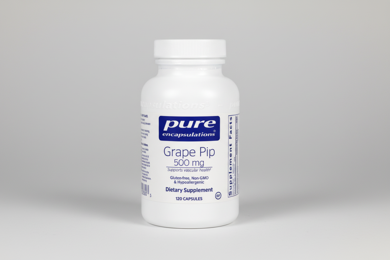 White supplement bottle labeled 'pure encapsulations Grape Pip 500 mg' on a white background
