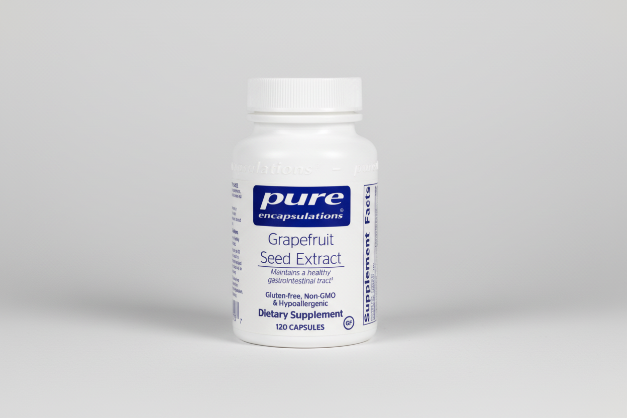 Bottle of Pure Encapsulations Grapefruit Seed Extract supplement on a white background