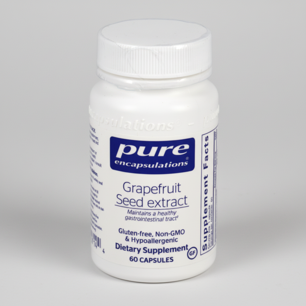 White supplement bottle labeled 'pure encapsulations Grapefruit Seed Extract' on a white background