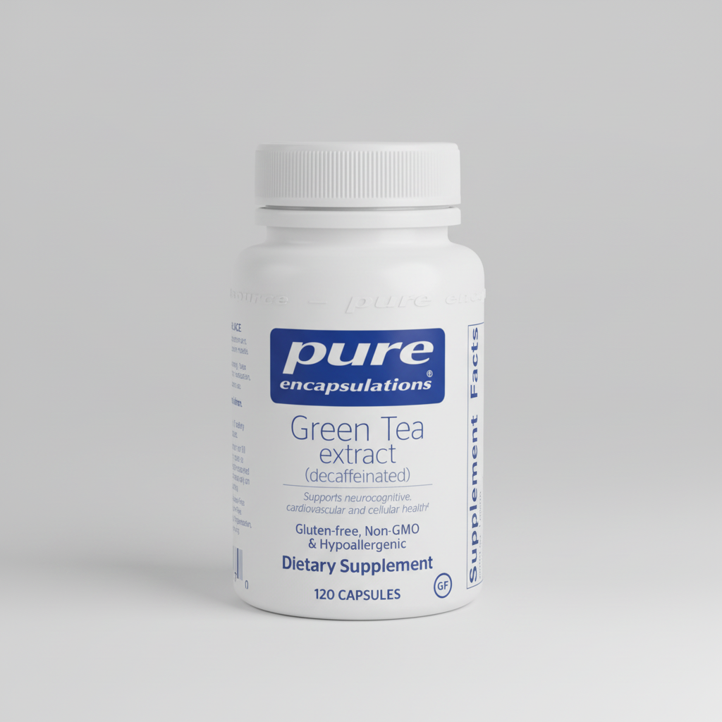 Bottle of pure encapsulations Green Tea extract supplement on a white background