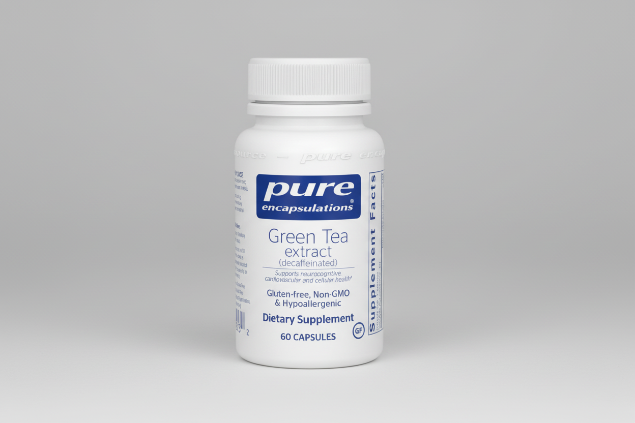 White bottle of Pure Encapsulations Green Tea extract supplement on a white background