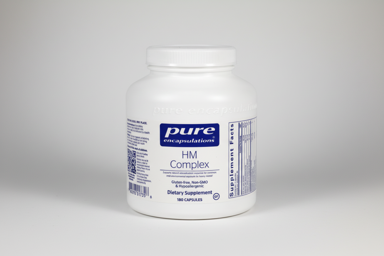 White supplement container labeled 'pure encapsulations HM Complex' on a white background
