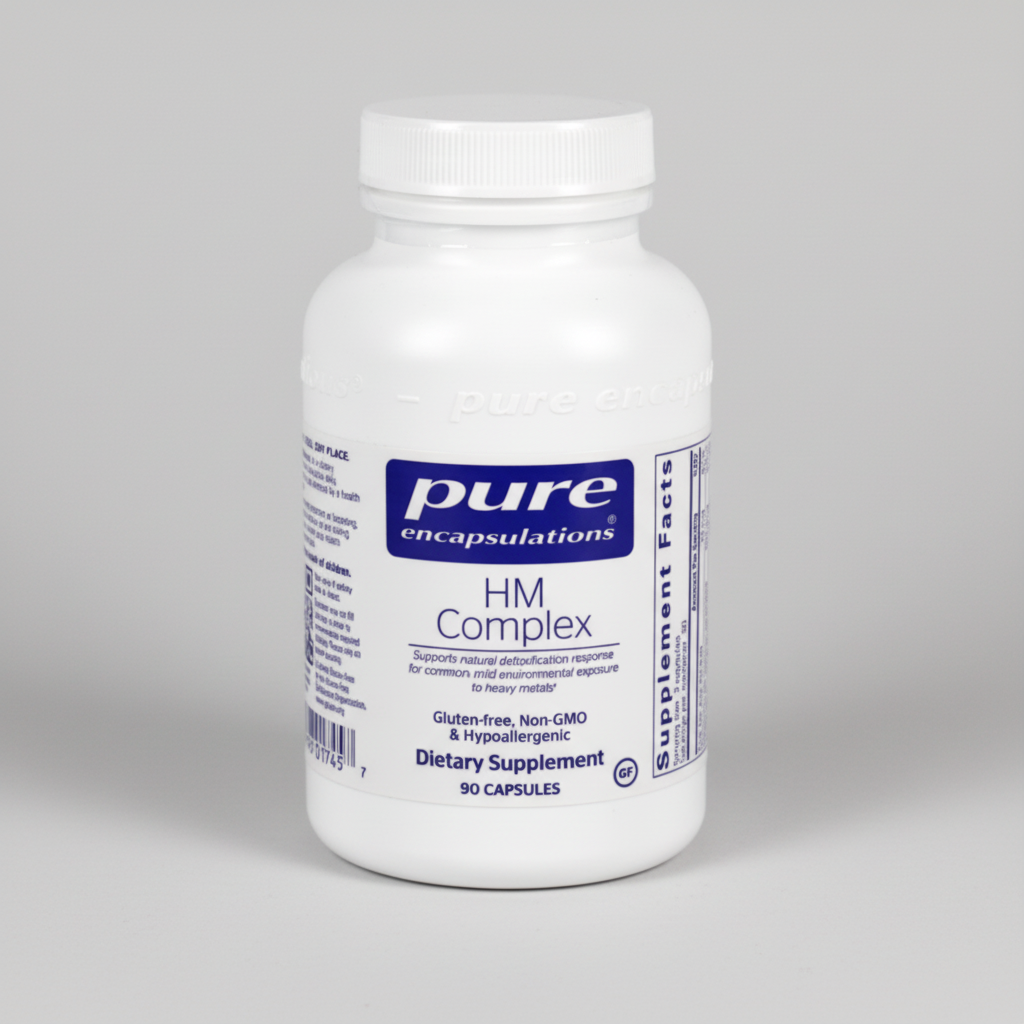 White supplement bottle labeled 'pure encapsulations HM Complex' on a white background