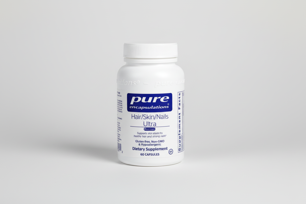Supplement bottle labeled 'pure encapsulations Hair/Skin/Nails Ultra' on a white background