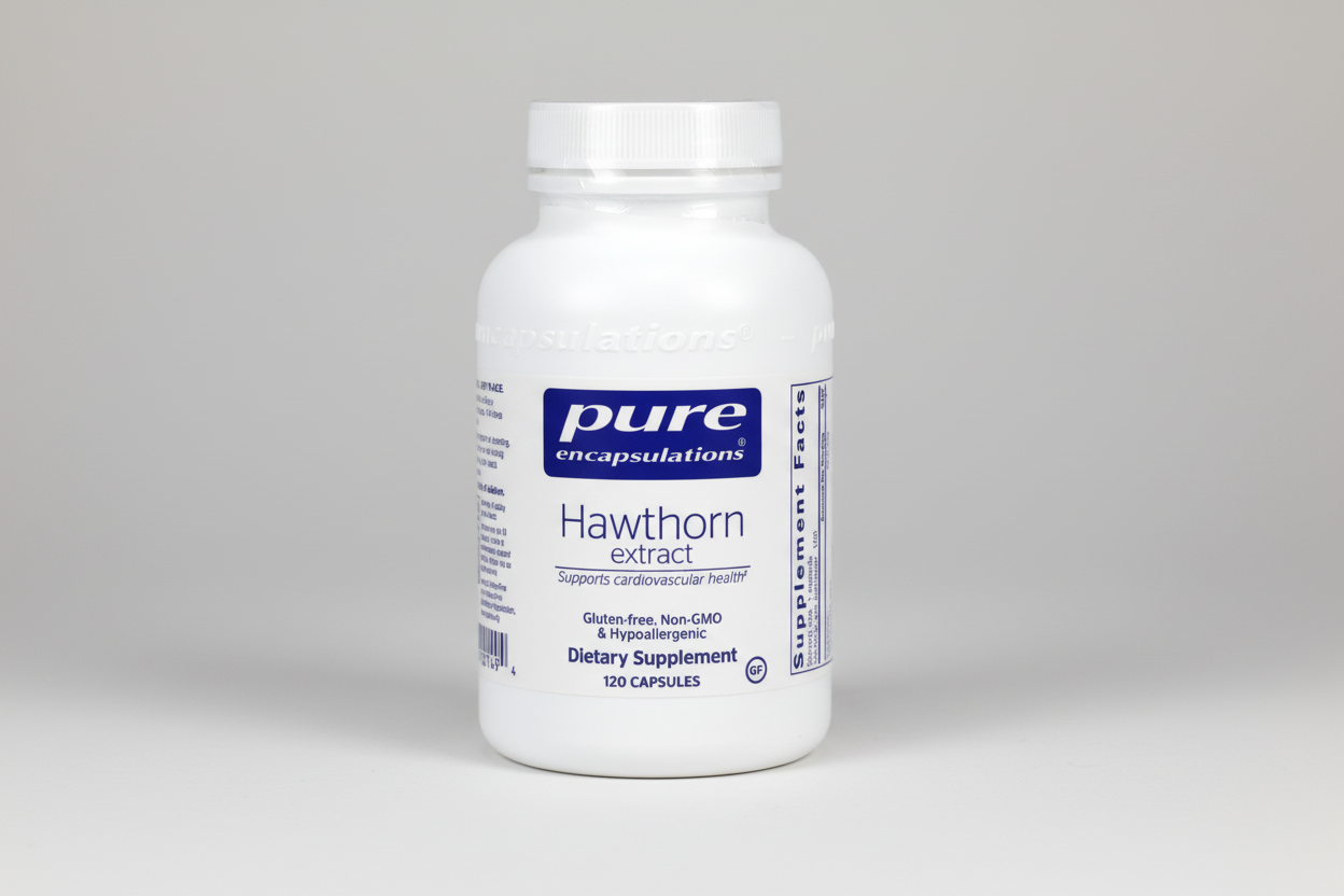 White supplement bottle labeled 'Pure Encapsulations Hawthorn extract' on a white background