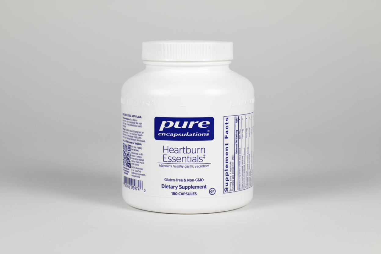 White supplement container labeled 'pure encapsulations Heartburn Essentials' on a white background