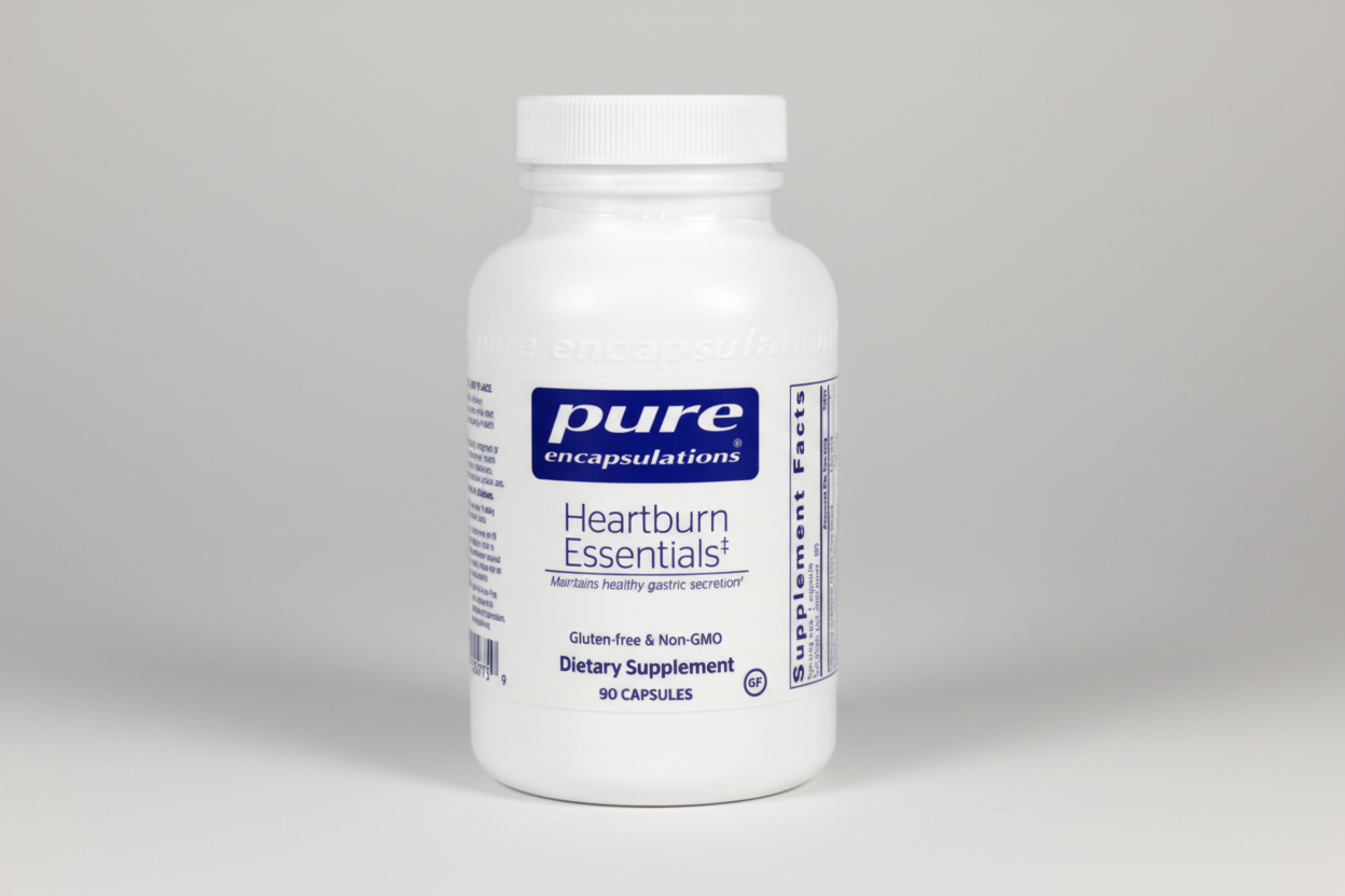 White supplement bottle labeled 'pure encapsulations Heartburn Essentials' on a white background