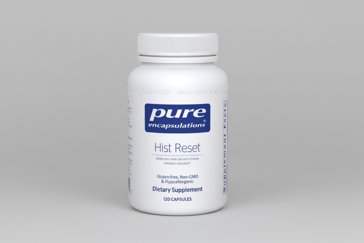 White supplement bottle labeled 'pure encapsulations Hist Reset' on a white background