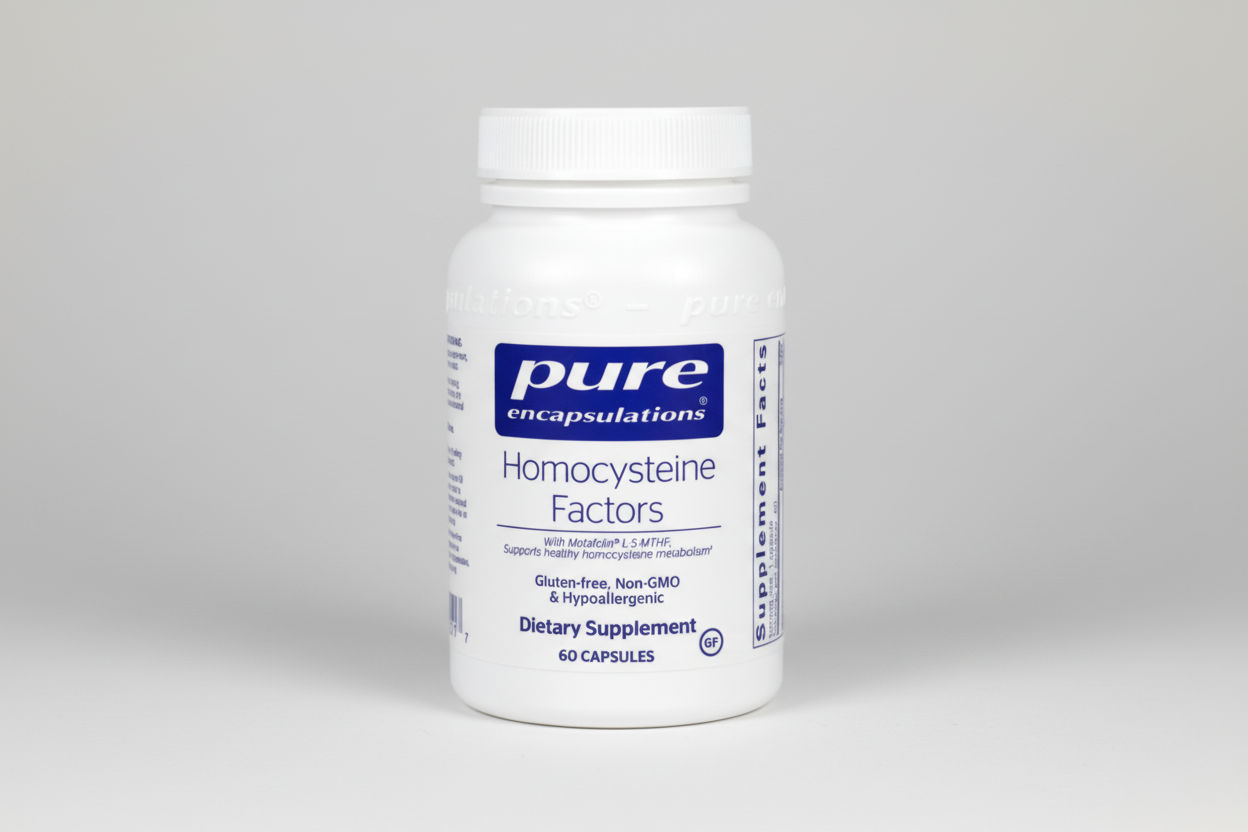 Supplement bottle labeled 'pure encapsulations Homocysteine Factors' on a white background
