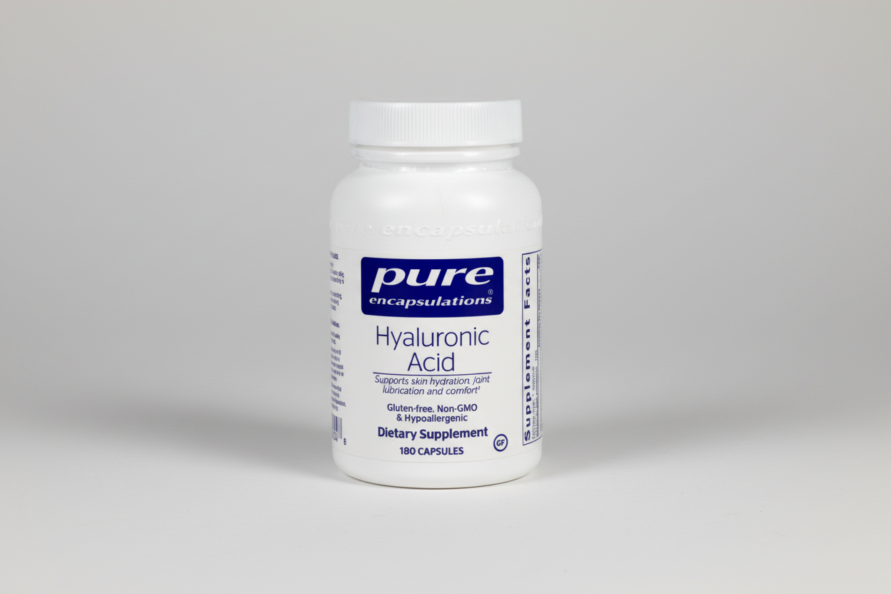 White supplement bottle labeled 'pure encapsulations Hyaluronic Acid' on a white background