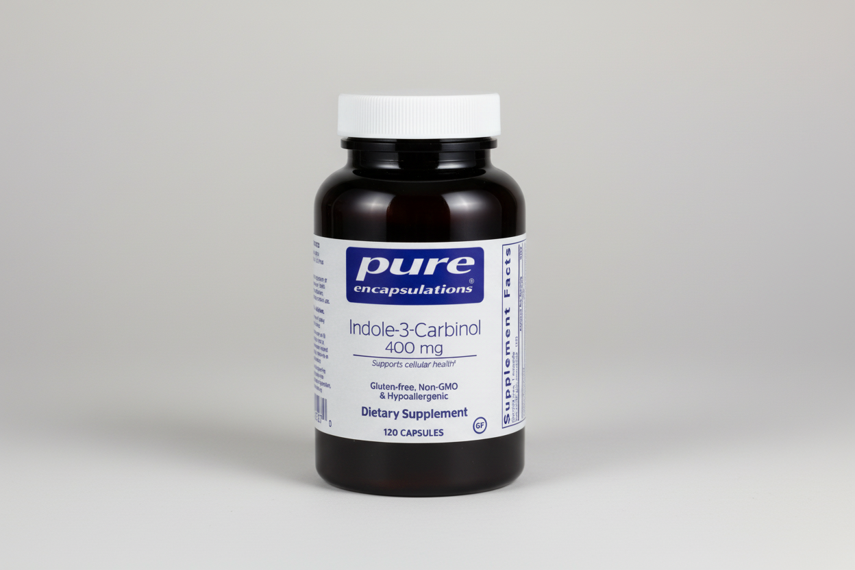 Supplement bottle labeled 'pure encapsulations' with Indole-3-Carbinol on a white background