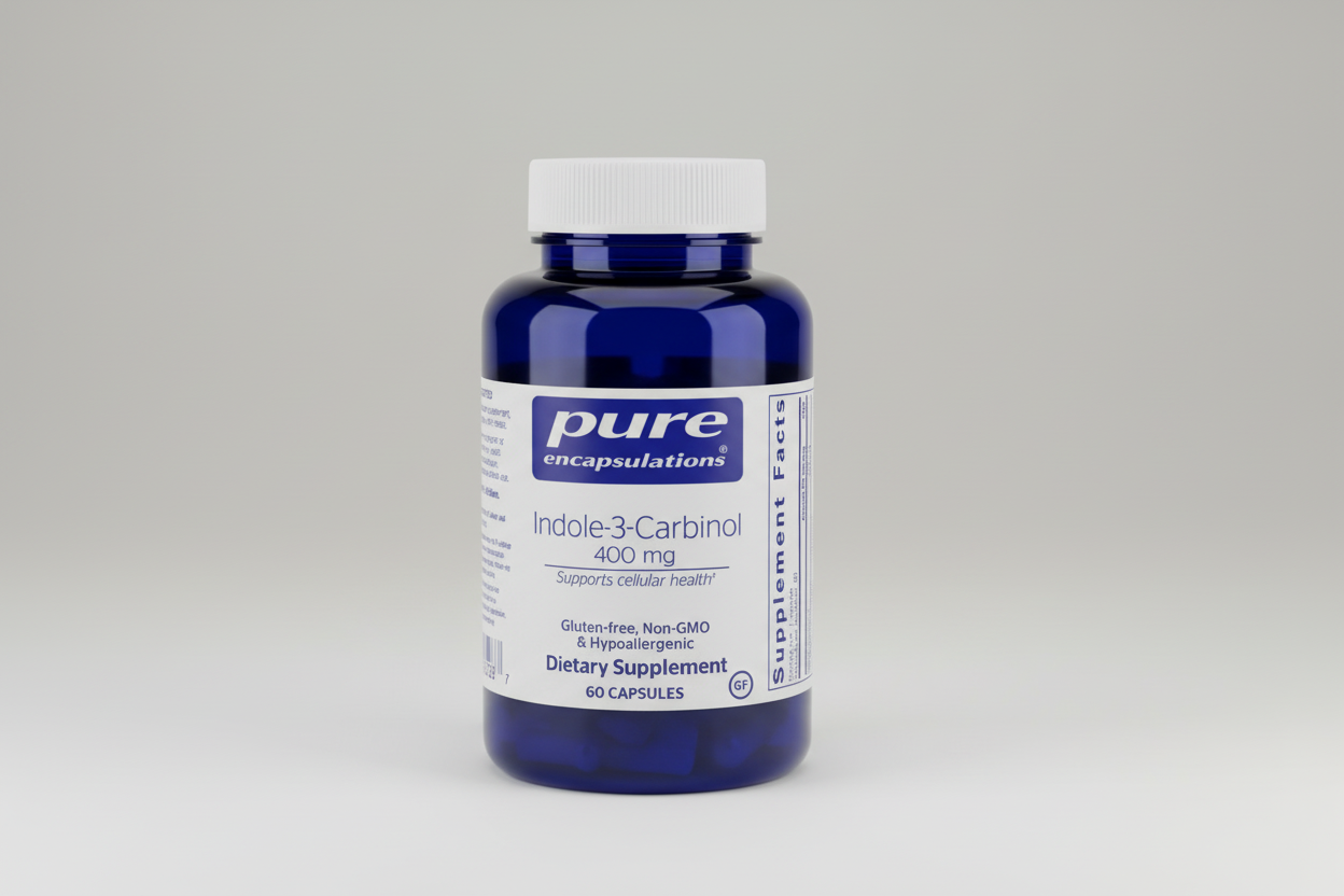 Supplement bottle labeled 'pure encapsulations' with Indole-3-Carbinol on a white background