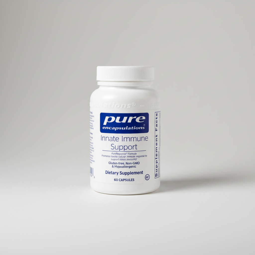 Supplement bottle labeled 'Innate Immune Support' by Pure Encapsulations on a white background