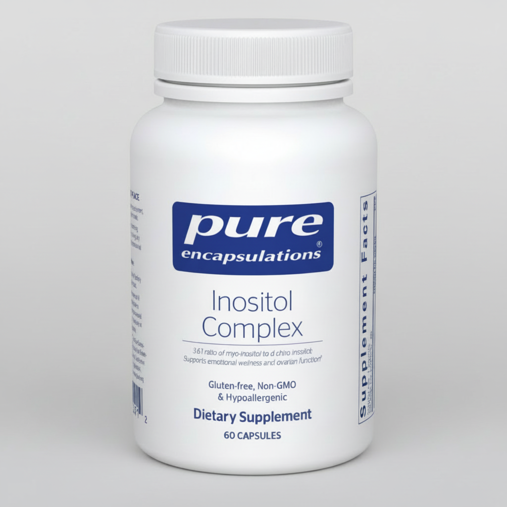 Supplement bottle labeled 'pure encapsulations Inositol Complex' on a white background