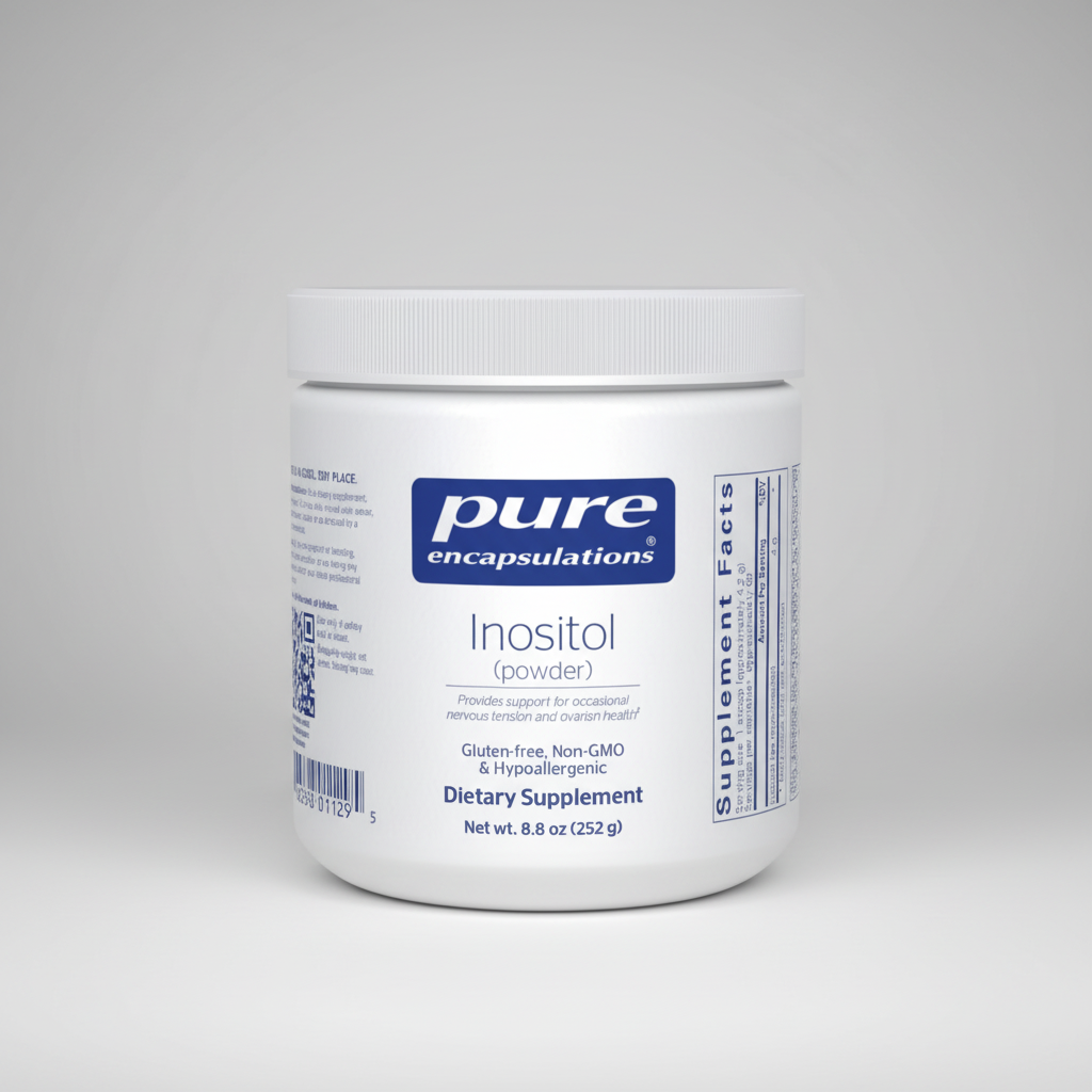 Jar of pure encapsulations Inositol powder on a white background