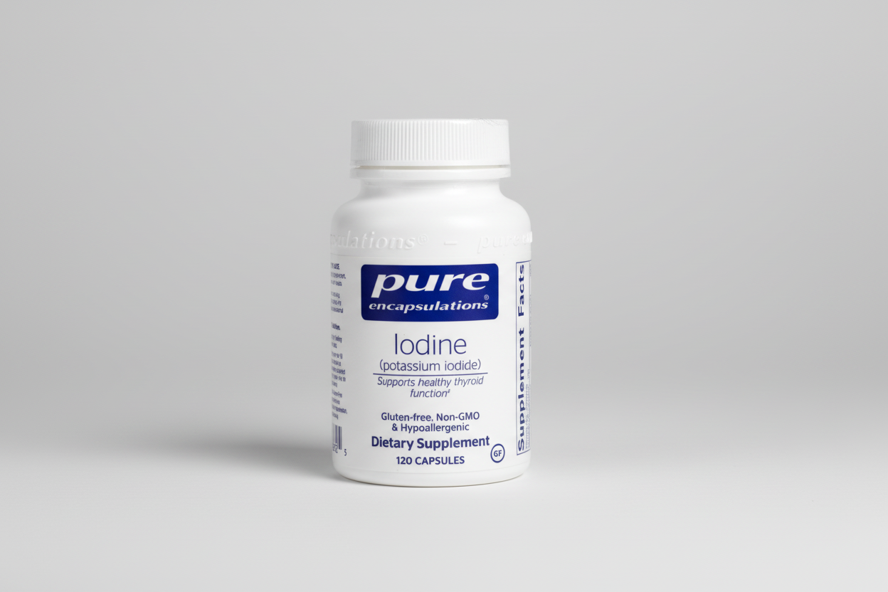 Supplement bottle labeled 'pure encapsulations Iodine' on a white background