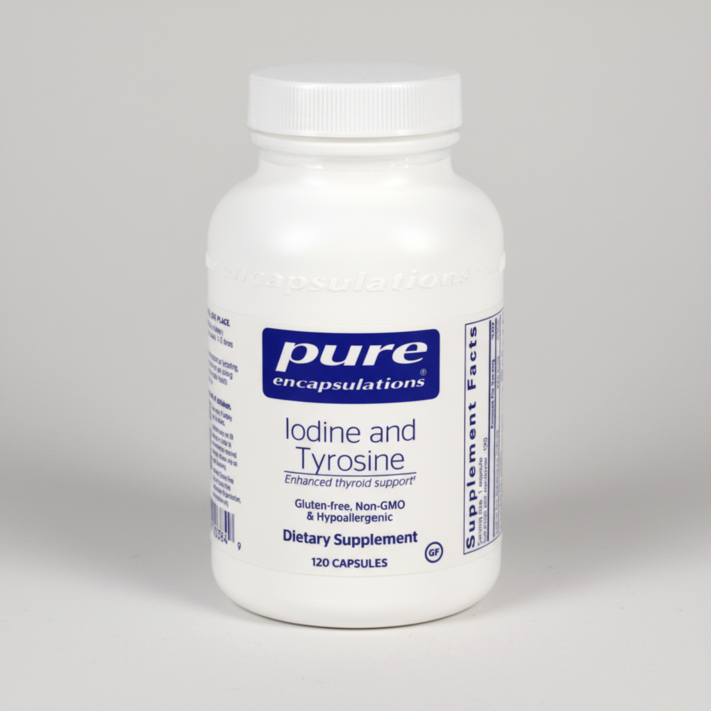 Supplement bottle labeled 'pure encapsulations Iodine and Tyrosine' on a white background
