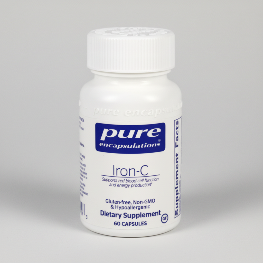 White supplement bottle labeled 'pure encapsulations Iron-C' on a white background