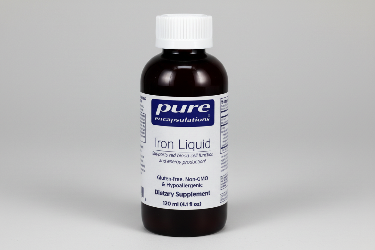 Bottle of Pure Encapsulations Iron Liquid supplement on a white background