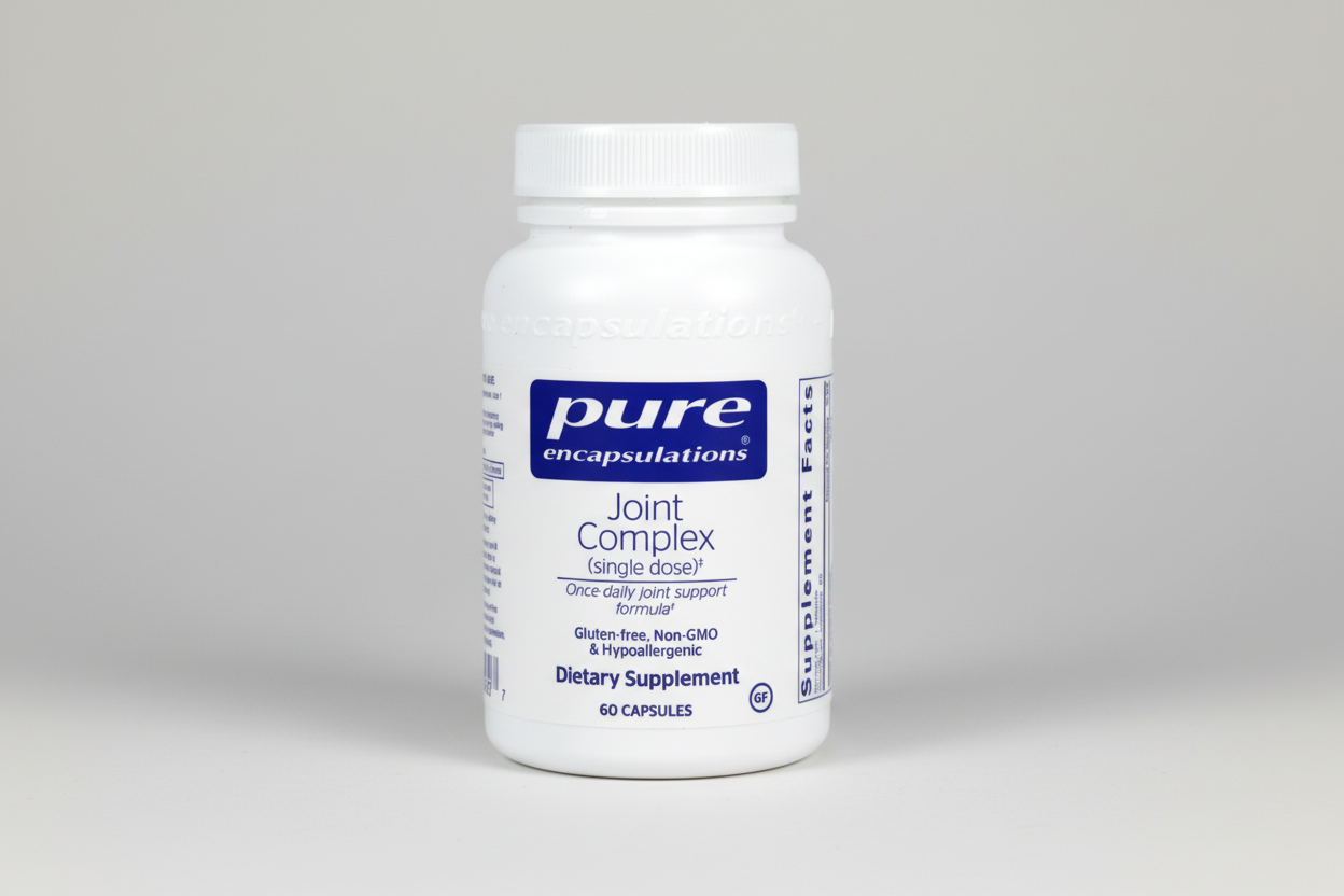 White supplement bottle labeled 'pure encapsulations Joint Complex' on a white background