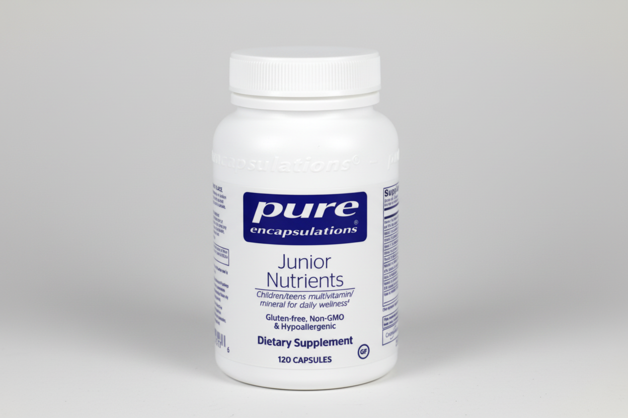 White supplement bottle labeled 'pure encapsulations Junior Nutrients' on a white background