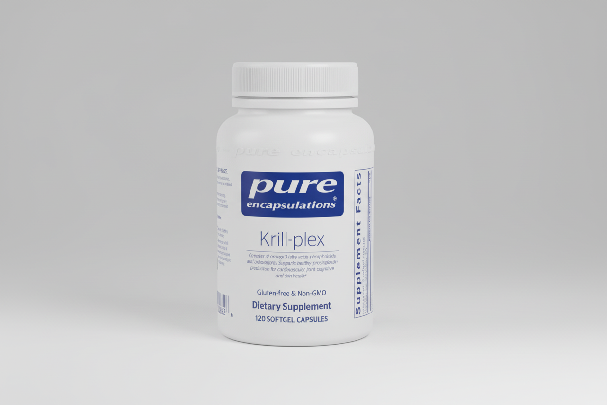 White supplement bottle labeled 'pure encapsulations Krill-plex' on a white background