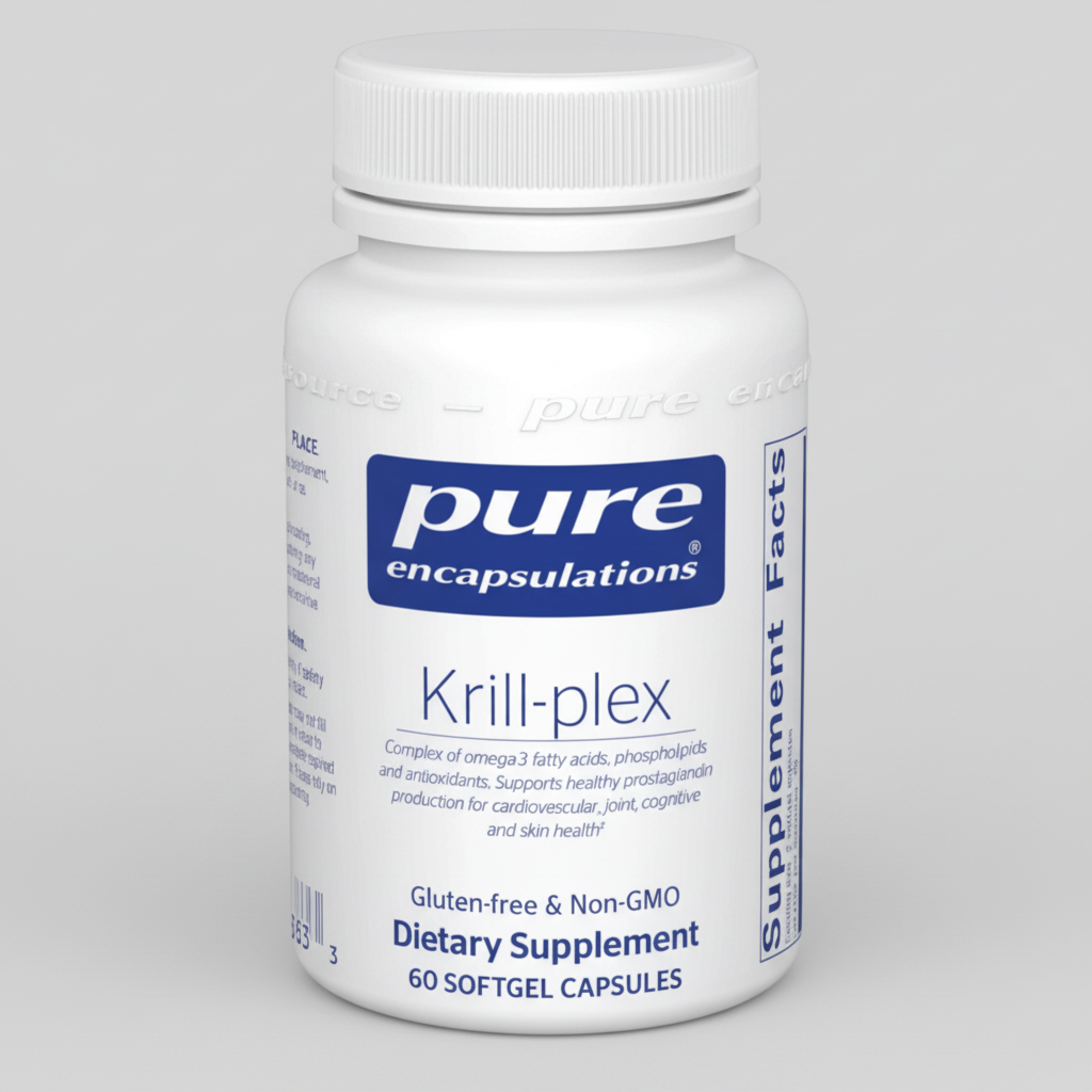 Supplement bottle labeled 'pure encapsulations Krill-plex' on a white background