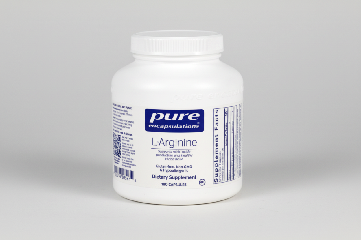 White supplement bottle labeled 'pure encapsulations L-Arginine' on a white background