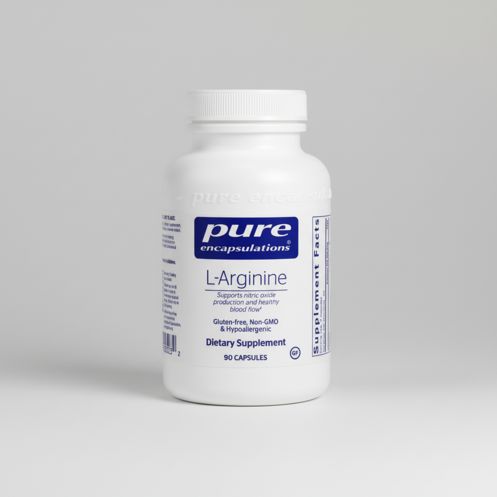 White supplement bottle labeled 'pure encapsulations L-Arginine' on a white background