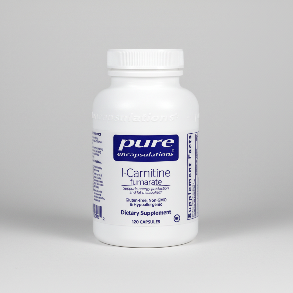White supplement bottle labeled 'pure encapsulations' on a white background