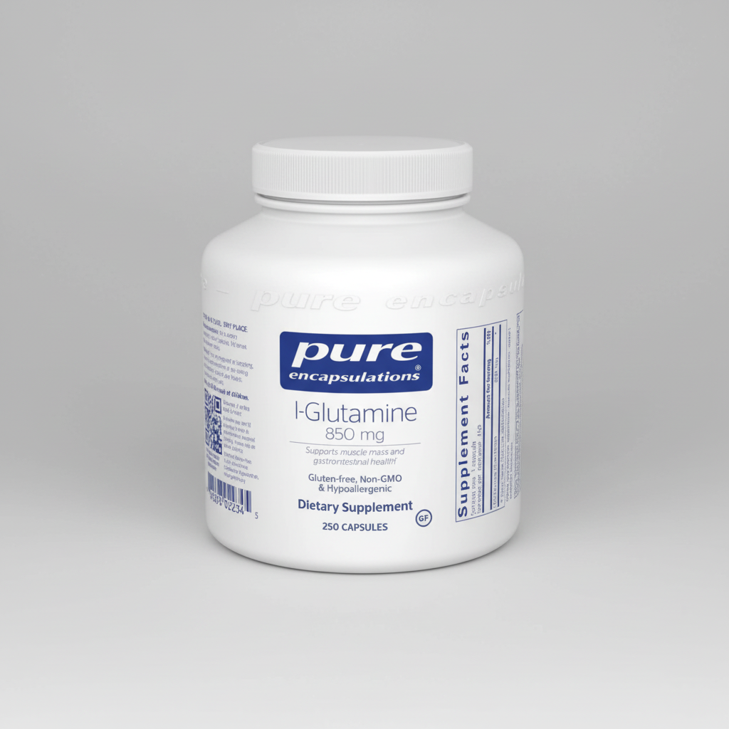 White supplement bottle labeled 'pure encapsulations' on a white background